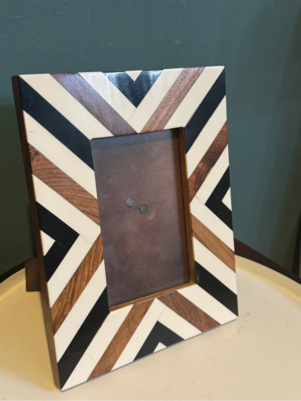 Geometric Inlay Wood Photo Frame in Black, White & Brown by Tozai Home 4”x6” pic